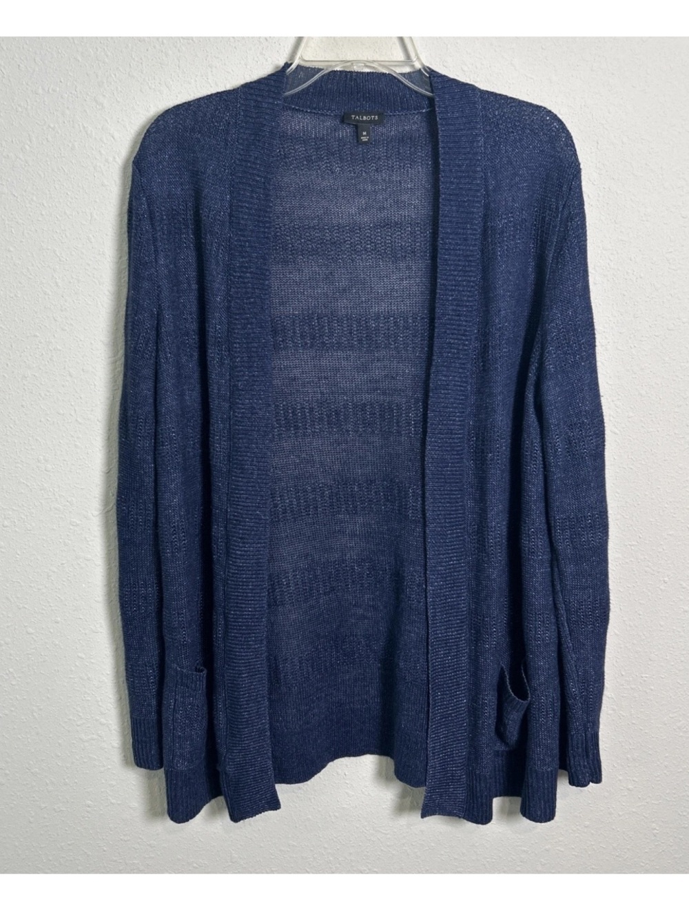 Talbots 100% Linen Blue Women’s Med Open Cardigan Sweater Tight Knit Classic